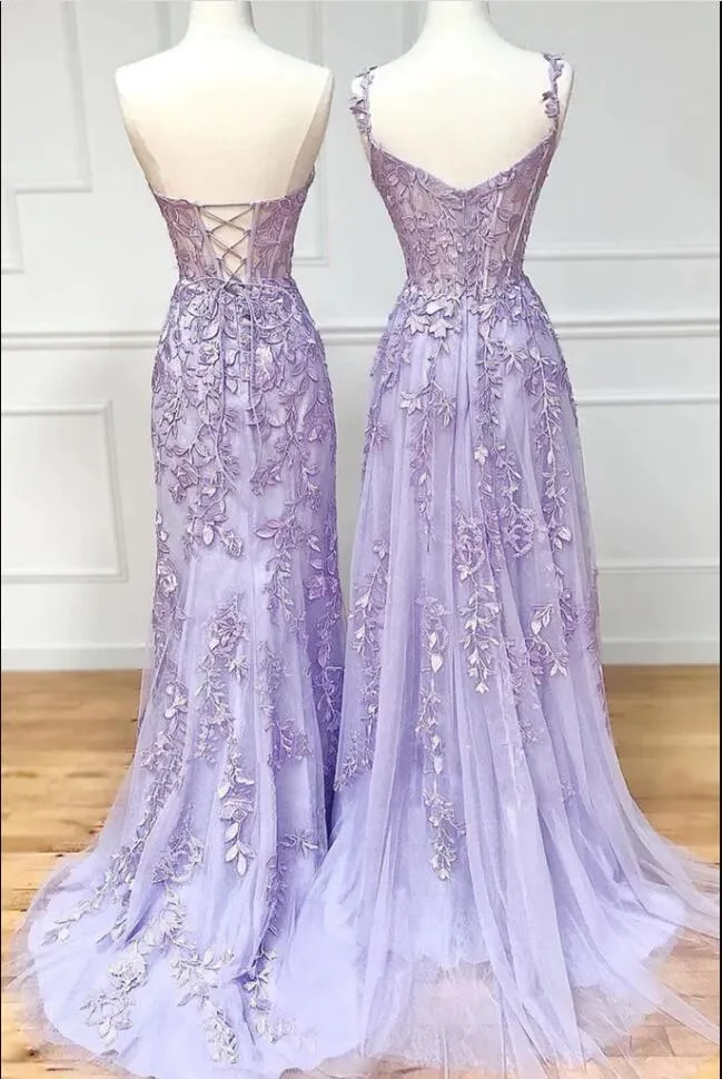 2023 Lilac Lace Prom Dresses Long ,Hocoming Dresses, Party Dresses PC1105