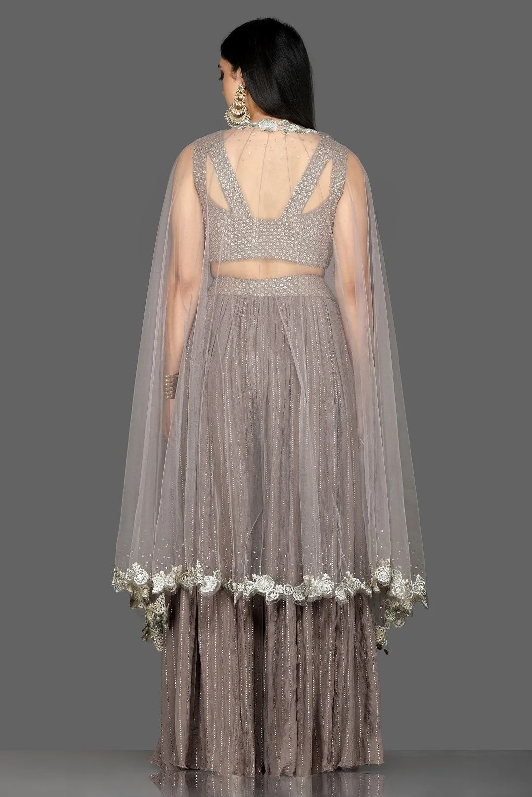 502559 Grey Embroidered Crop Top with Palazzo and Organza Cape