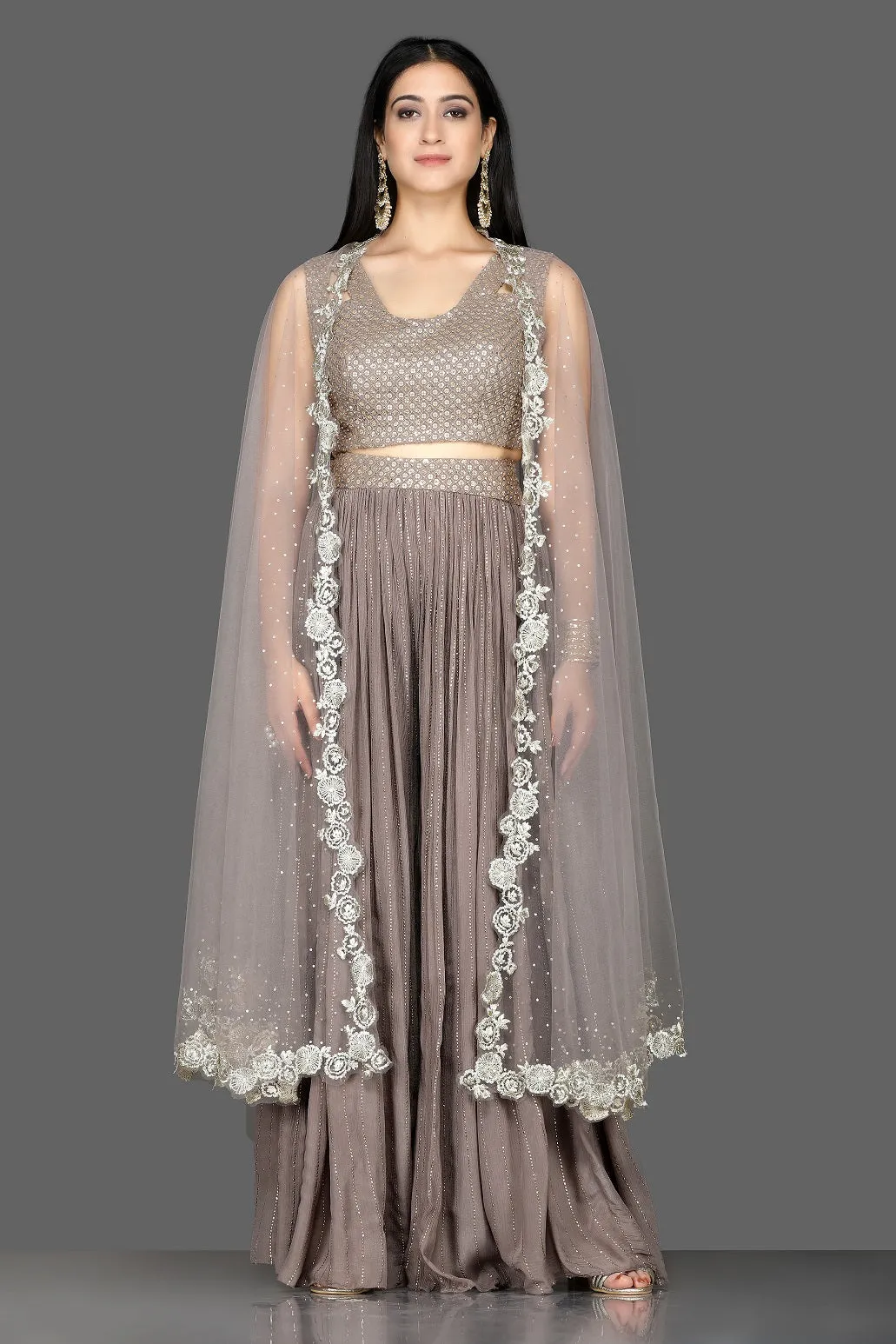 502559 Grey Embroidered Crop Top with Palazzo and Organza Cape