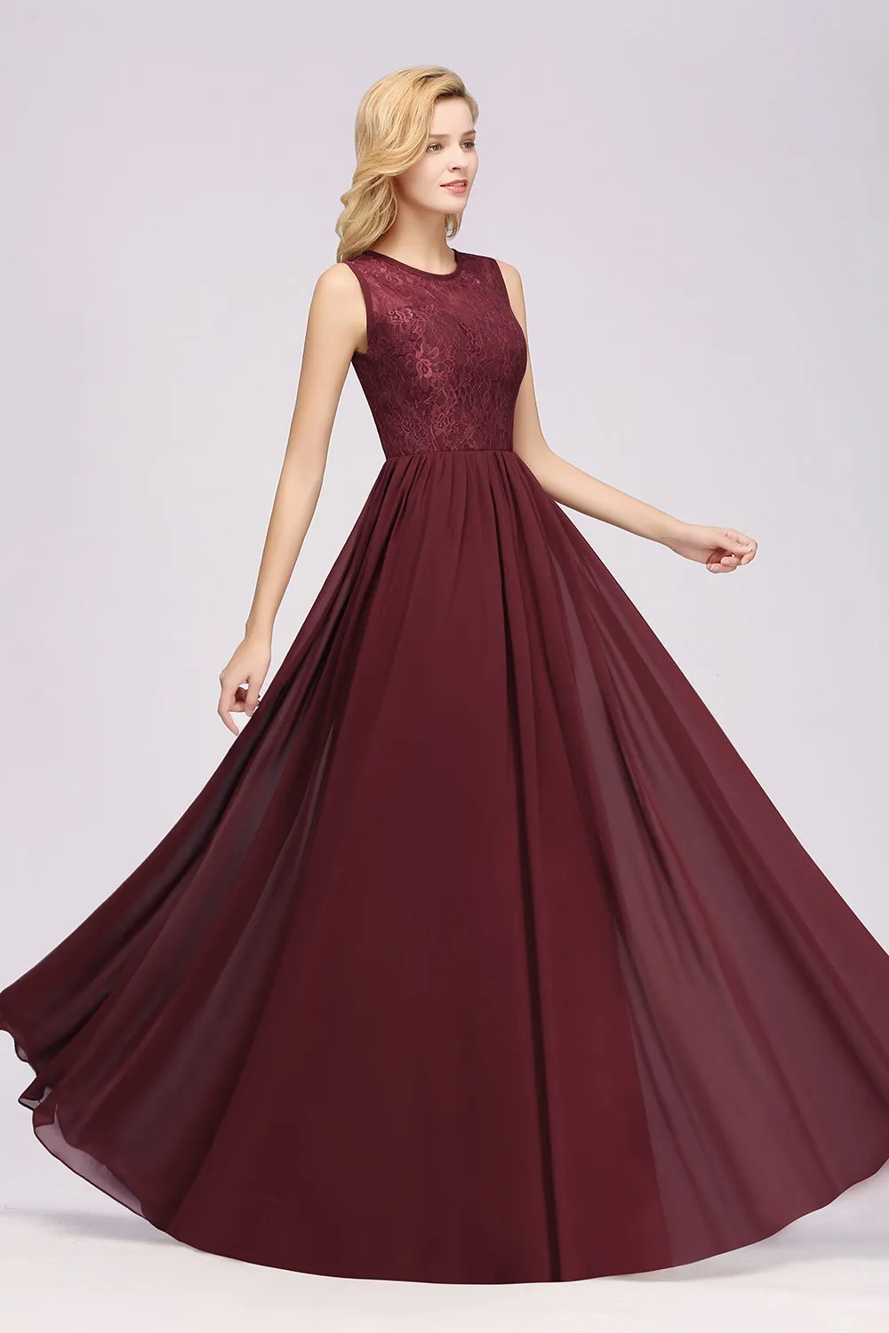 A-line Chiffon Lace Jewel Sleeveless Ruffles Long Bridesmaid Dresses with Appliques