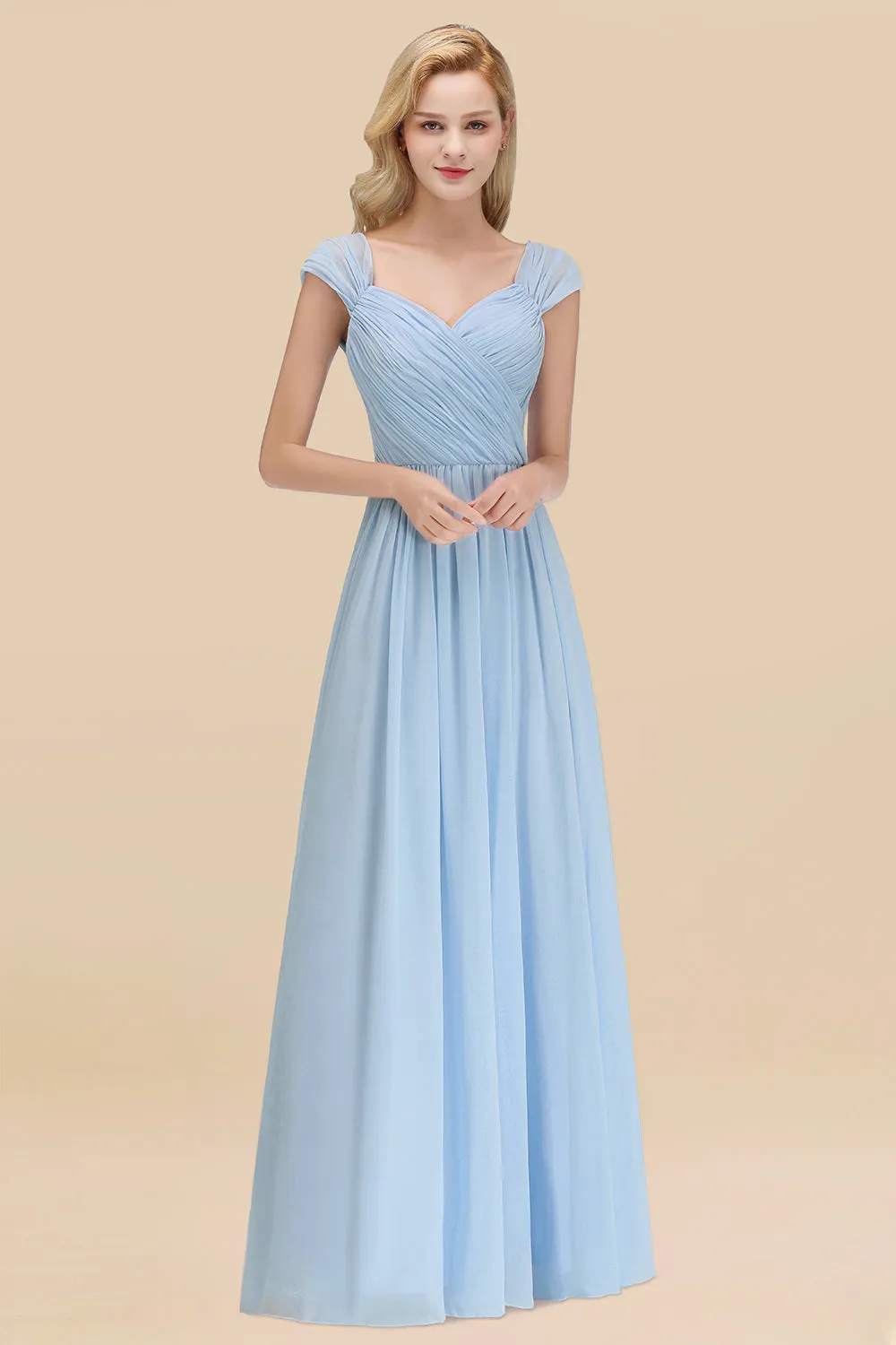 A-Line Chiffon Straps Sweetheart Long Bridesmaid Dress with Ruffles