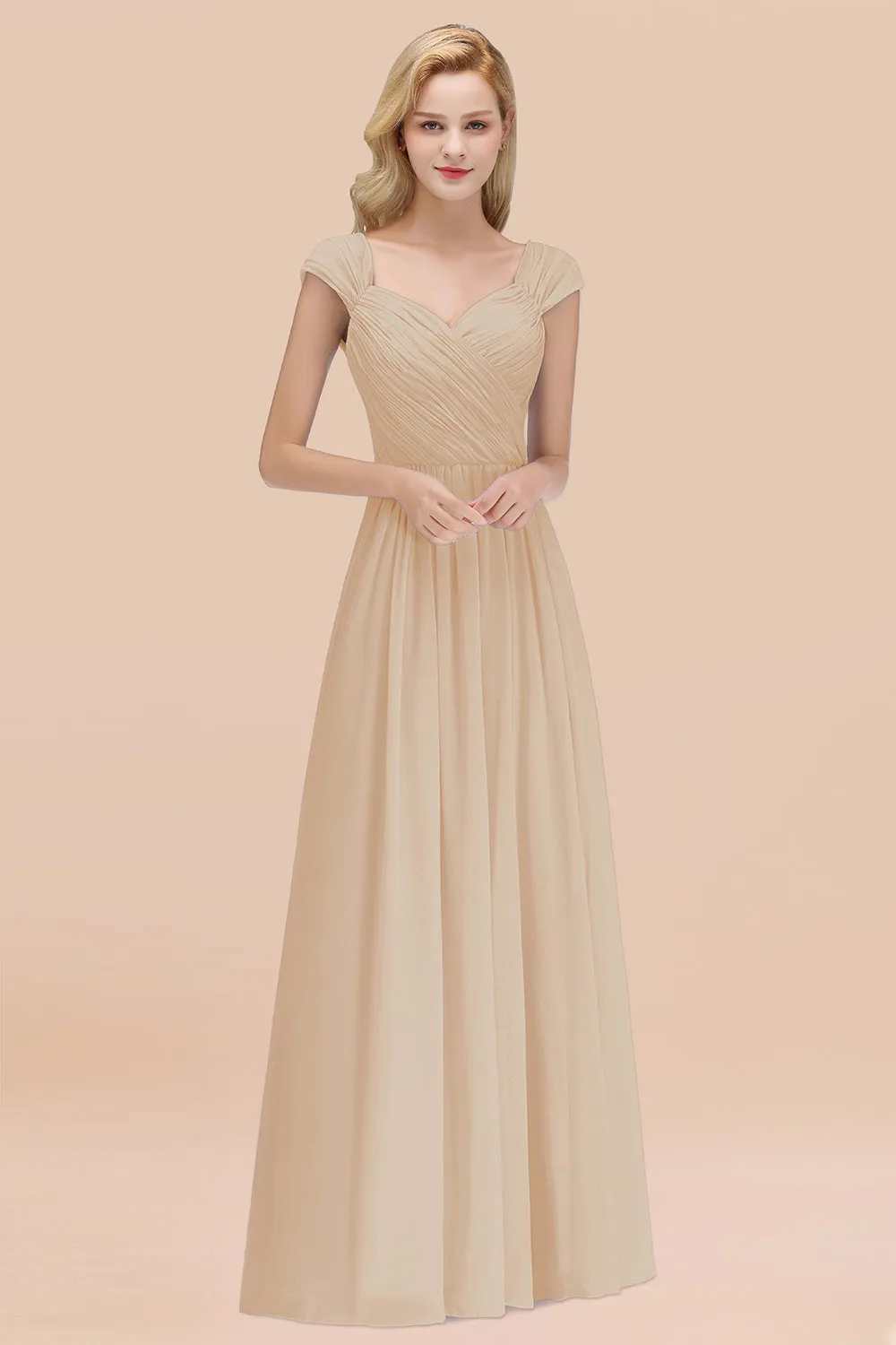 A-Line Chiffon Straps Sweetheart Long Bridesmaid Dress with Ruffles