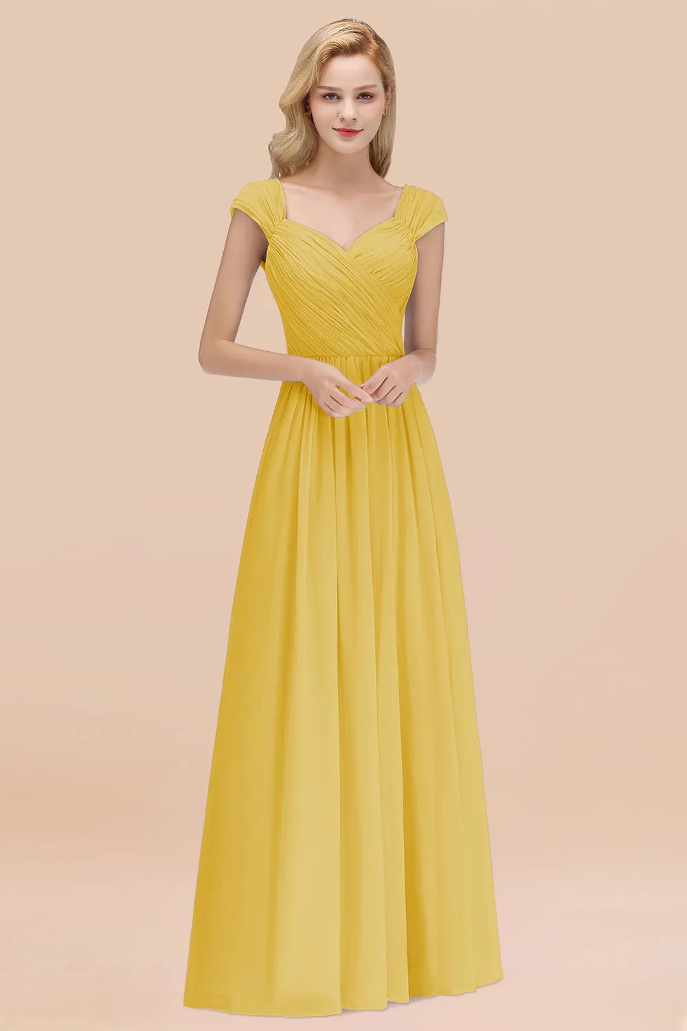 A-Line Chiffon Straps Sweetheart Long Bridesmaid Dress with Ruffles