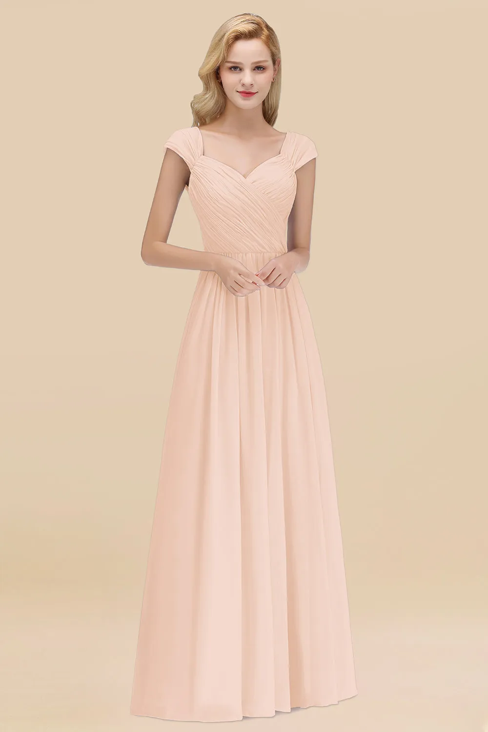 A-Line Chiffon Straps Sweetheart Long Bridesmaid Dress with Ruffles