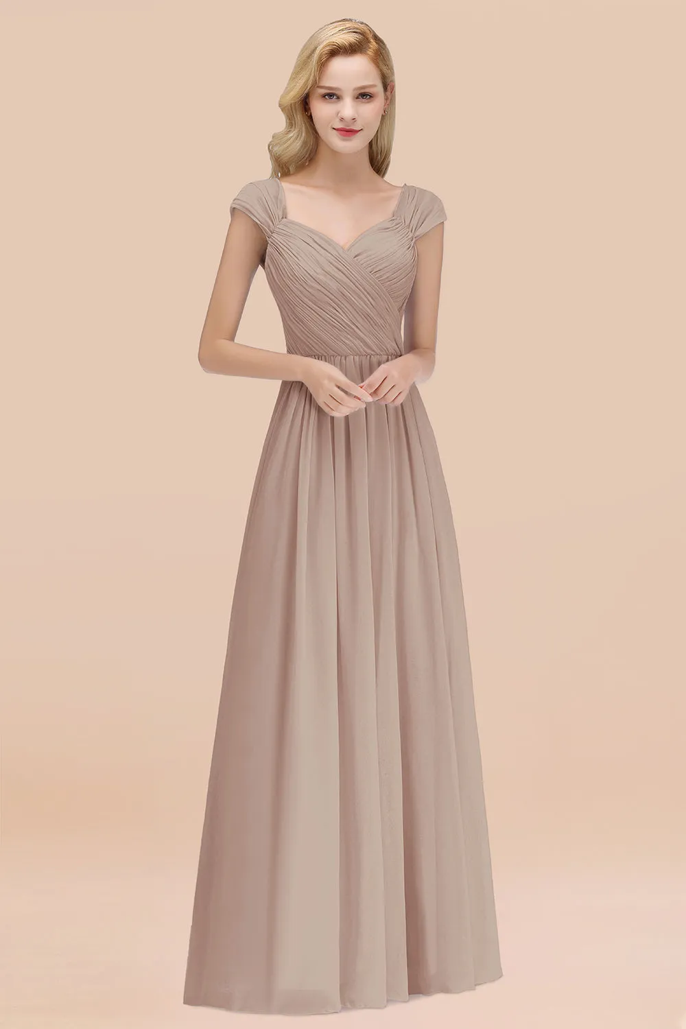 A-Line Chiffon Straps Sweetheart Long Bridesmaid Dress with Ruffles