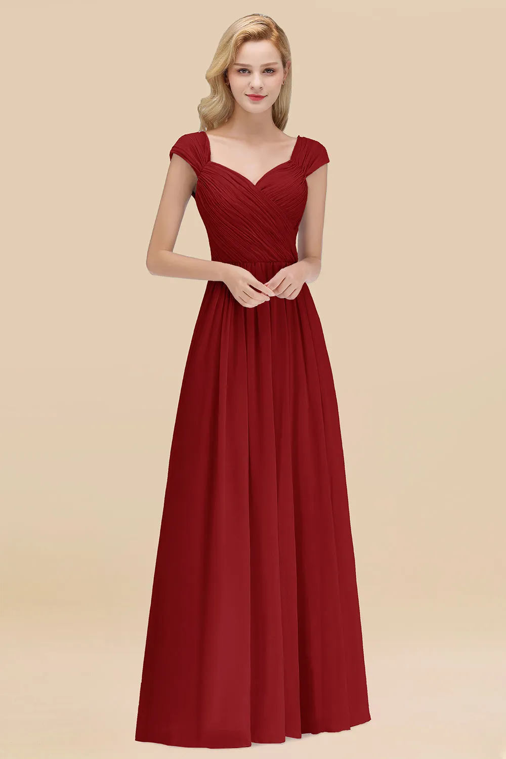 A-Line Chiffon Straps Sweetheart Long Bridesmaid Dress with Ruffles