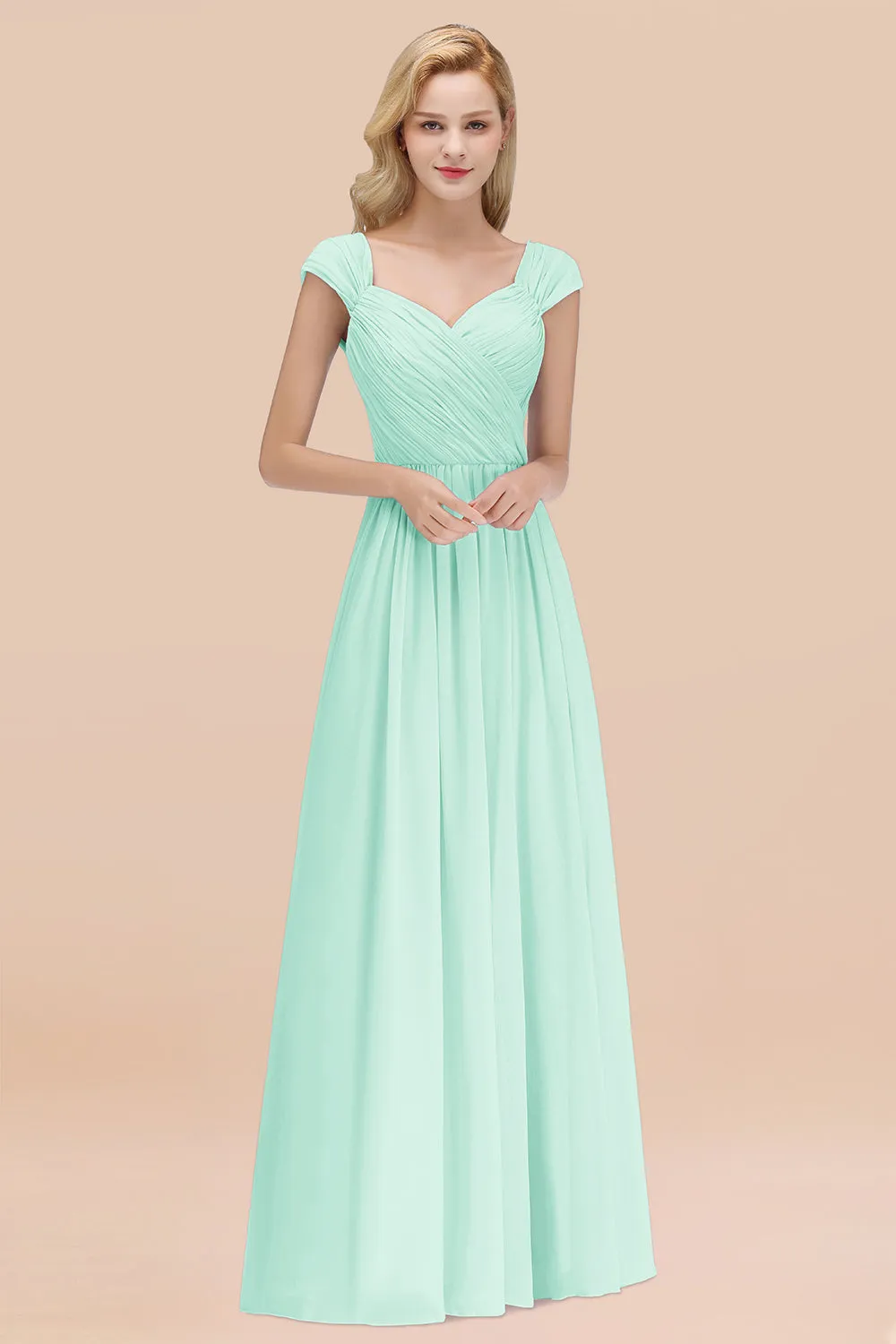 A-Line Chiffon Straps Sweetheart Long Bridesmaid Dress with Ruffles