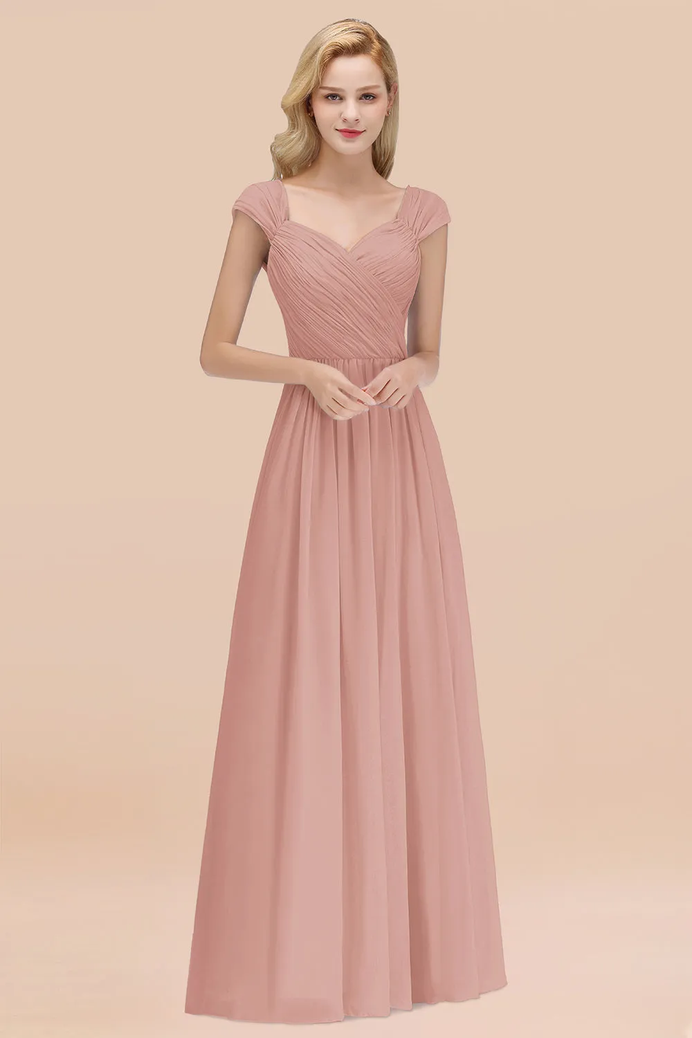 A-Line Chiffon Straps Sweetheart Long Bridesmaid Dress with Ruffles