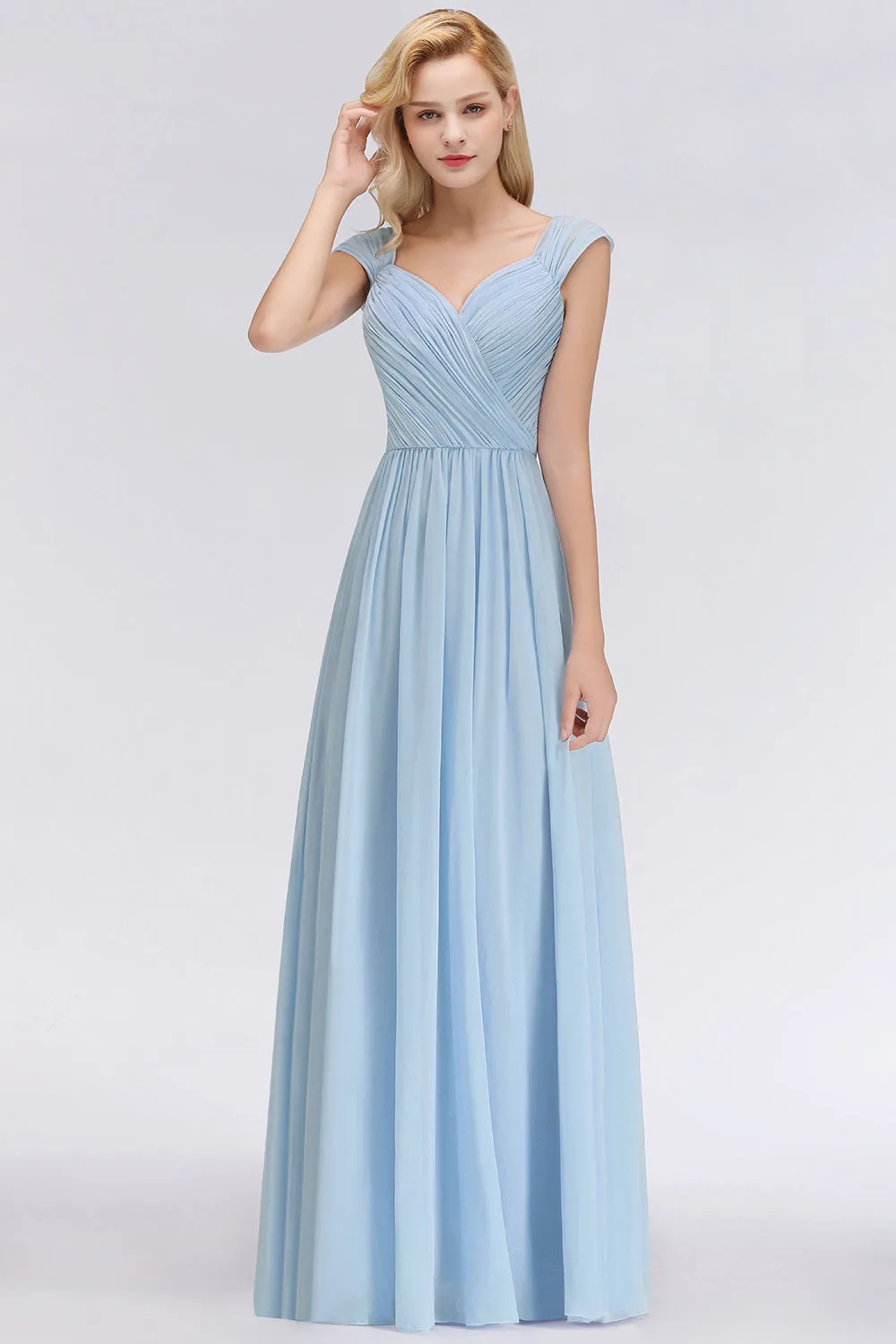 A-Line Chiffon Straps Sweetheart Long Bridesmaid Dress with Ruffles