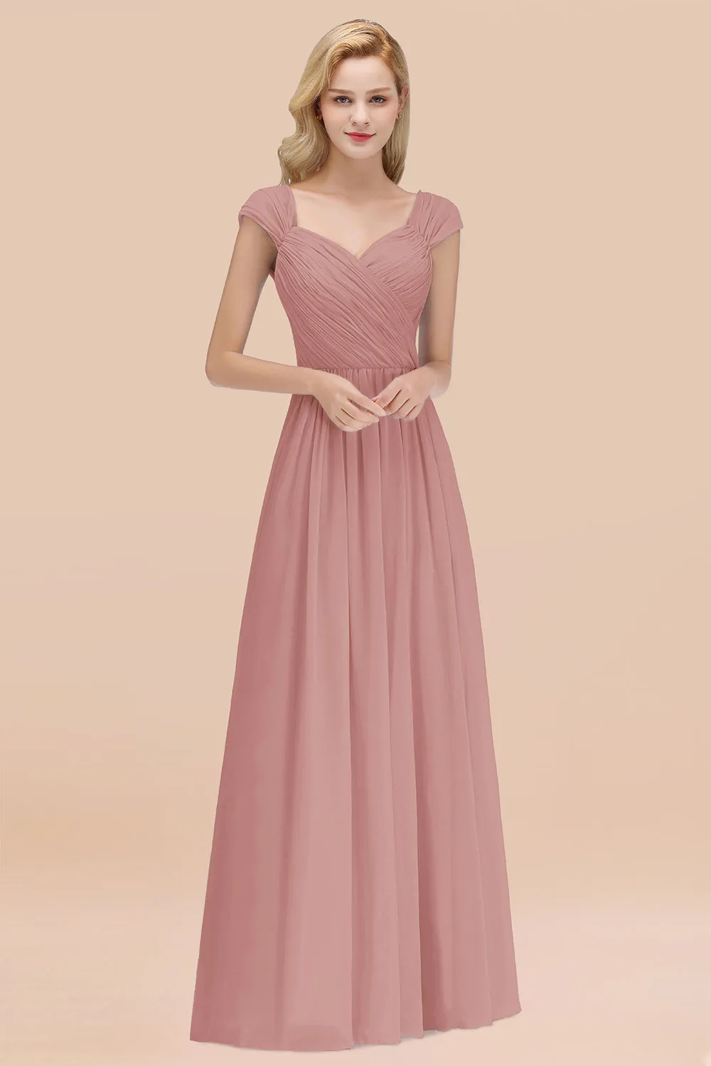 A-Line Chiffon Straps Sweetheart Long Bridesmaid Dress with Ruffles