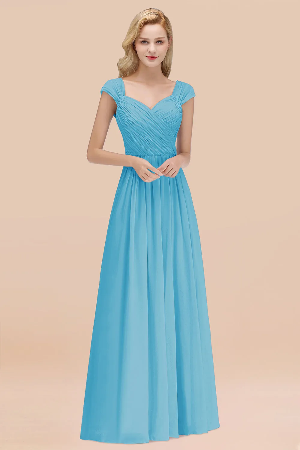 A-Line Chiffon Straps Sweetheart Long Bridesmaid Dress with Ruffles