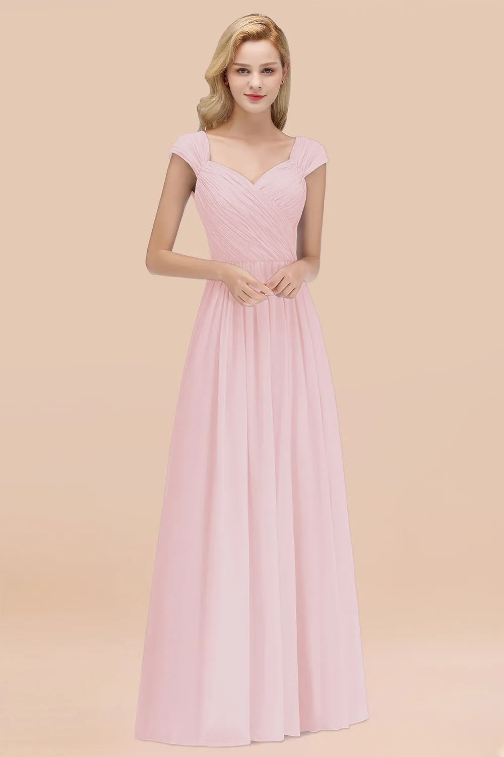 A-Line Chiffon Straps Sweetheart Long Bridesmaid Dress with Ruffles