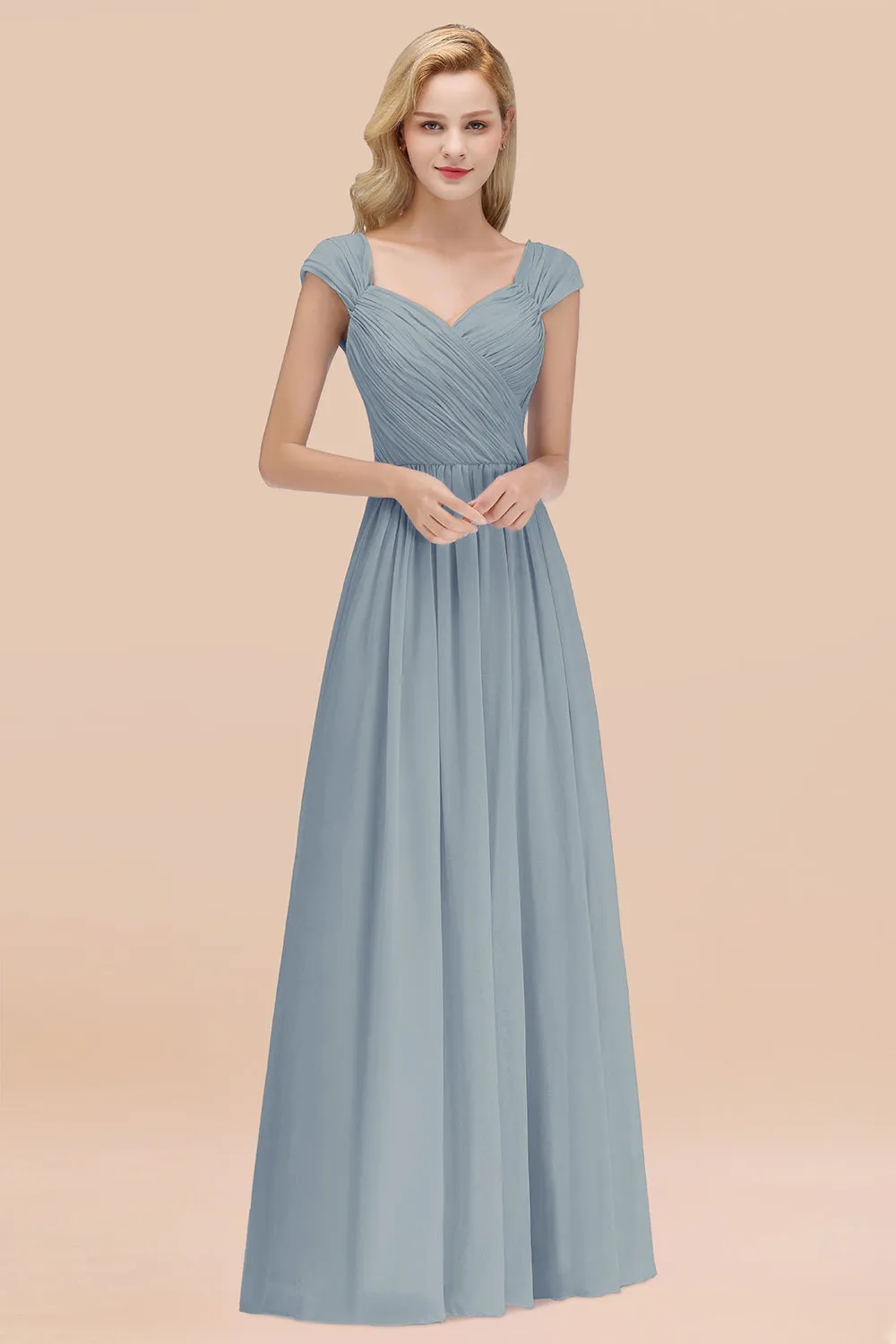 A-Line Chiffon Straps Sweetheart Long Bridesmaid Dress with Ruffles