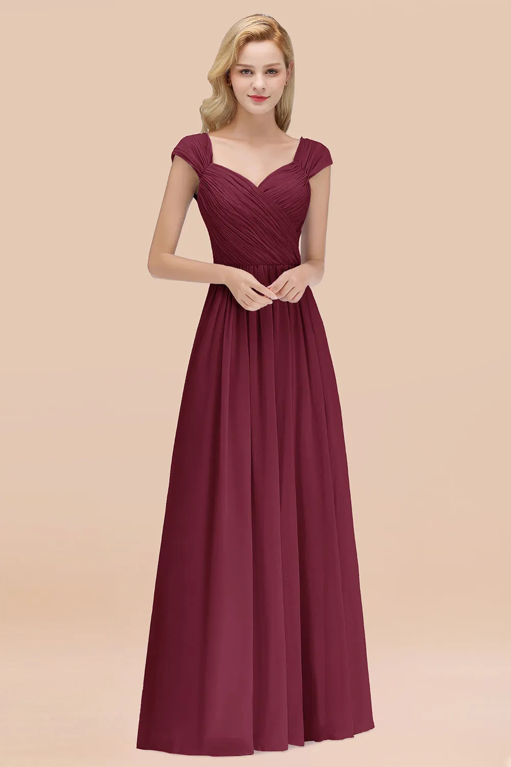 A-Line Chiffon Straps Sweetheart Long Bridesmaid Dress with Ruffles