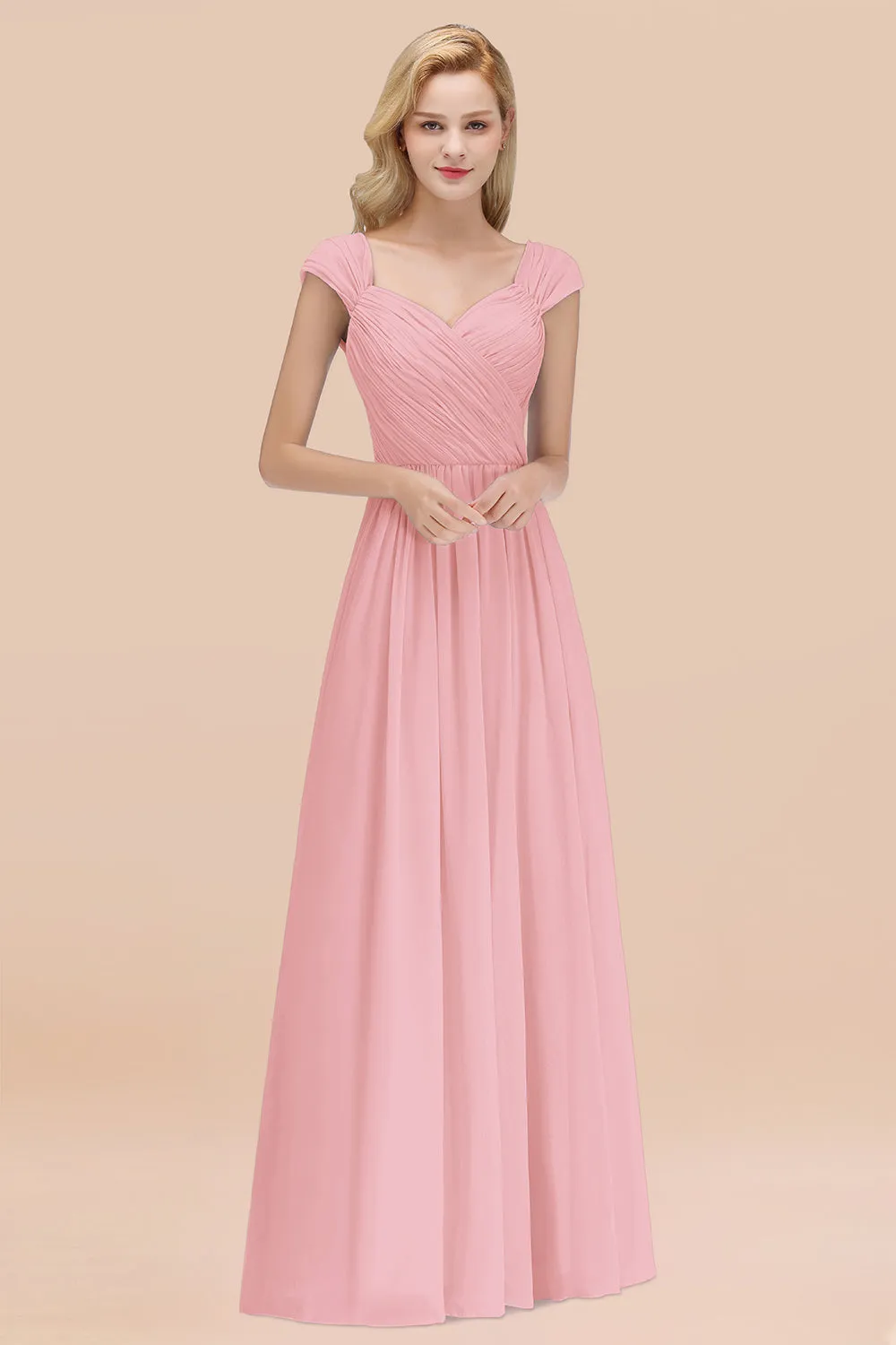 A-Line Chiffon Straps Sweetheart Long Bridesmaid Dress with Ruffles