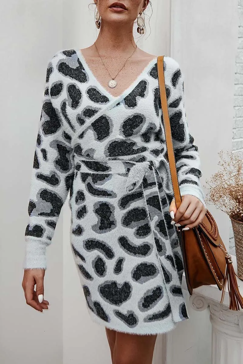 A-line Lace Up Winter Leopard Mini Dress