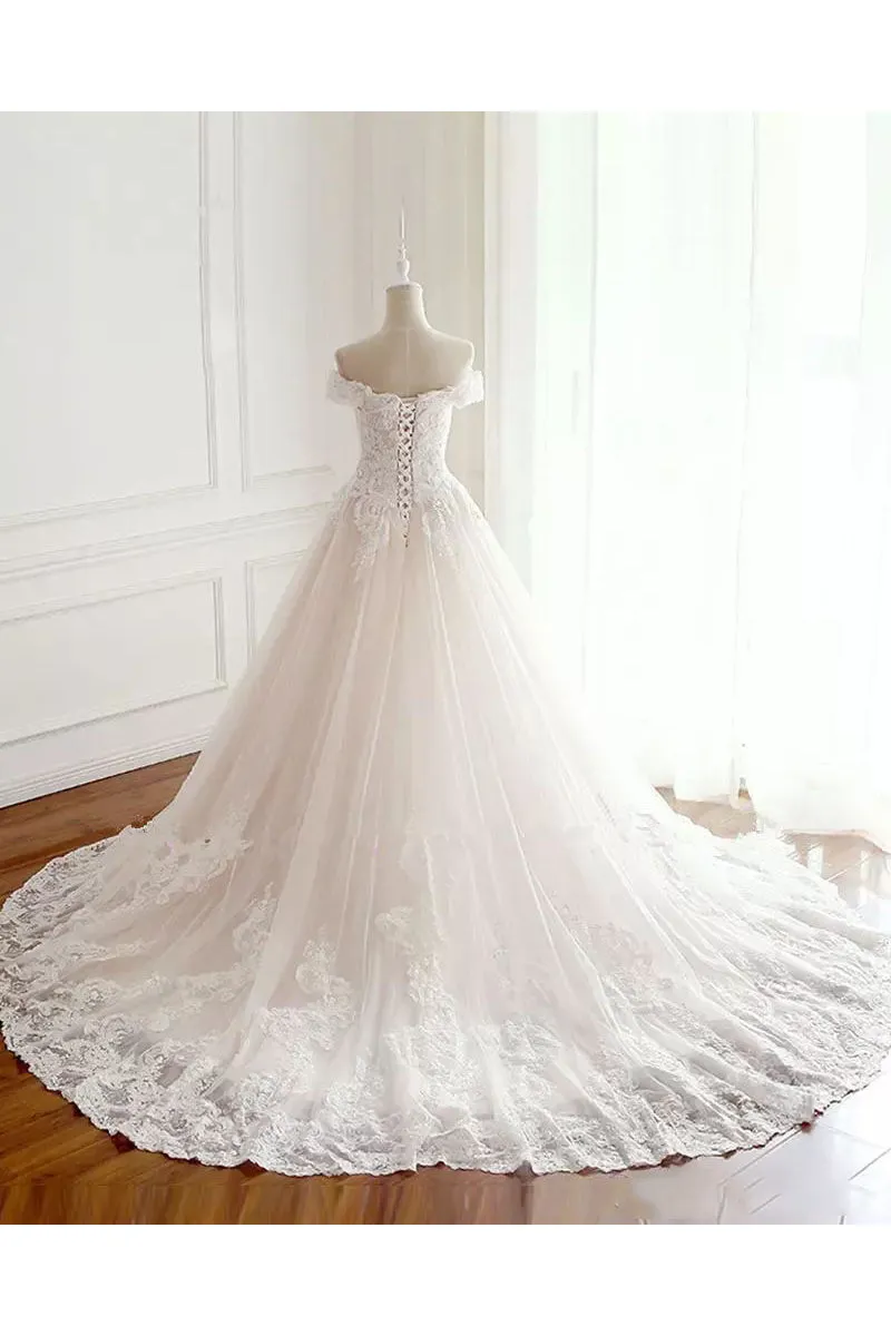 A-line Off-the-shoulder Sleeveless Floor-length Chapel Train Lace Tulle Wedding Dress with Pleats-715567