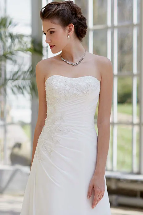 A-Line Strapless Beaded Sleeveless Floor-Length Satin Wedding Dress With Corset Back And Side Draping-MK_705200