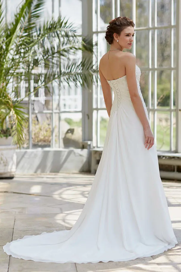 A-Line Strapless Beaded Sleeveless Floor-Length Satin Wedding Dress With Corset Back And Side Draping-MK_705200