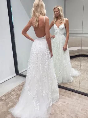 A Line V Neck Backless Appliques White Wedding Dresses Prom Dresses, White Formal Dresses, Evening Dresses