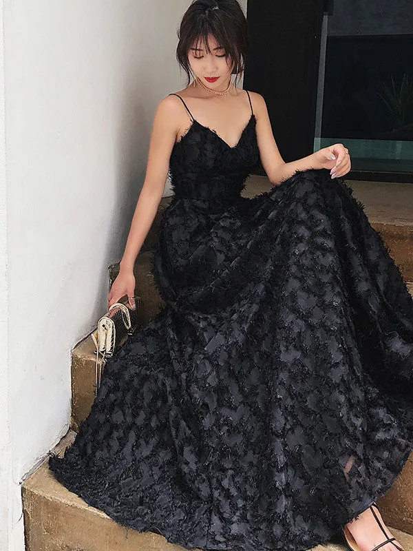 A Line V Neck Backless Black Lace Long Prom Dresses, Lace Black Formal Dresses, Evening Dresses