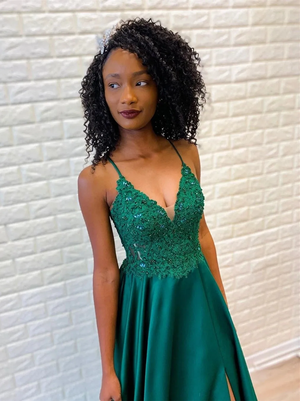 A Line V Neck Backless Lace Green Prom Dresses with Split, Backless Green Lace Formal Dresses, Green Lace Evening Dresses