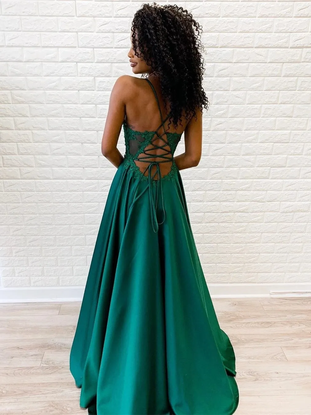 A Line V Neck Backless Lace Green Prom Dresses with Split, Backless Green Lace Formal Dresses, Green Lace Evening Dresses