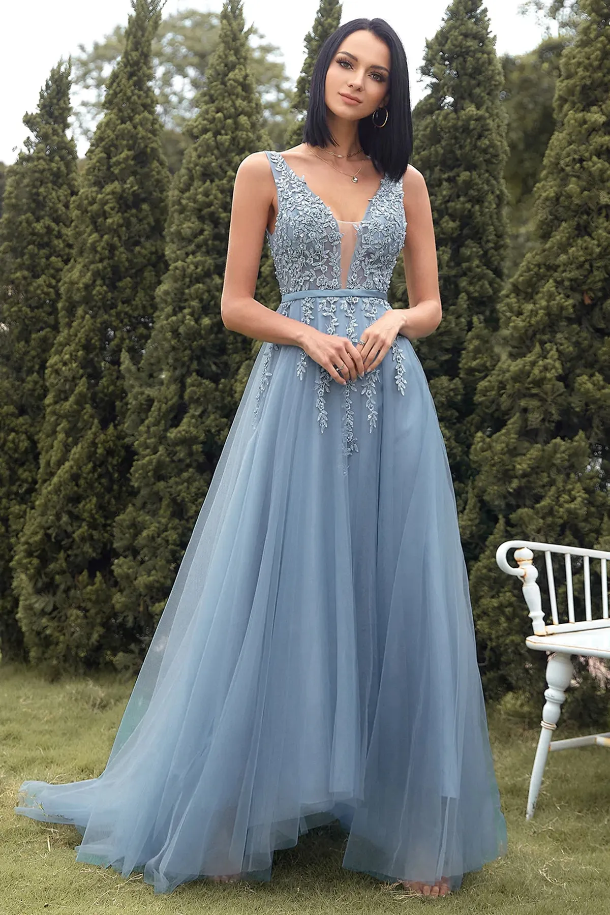 A Line V Neck Blue Lace Tulle Long Prom Dresses, Blue Lace Formal Dresses, Blue Evening Dresses SP2438