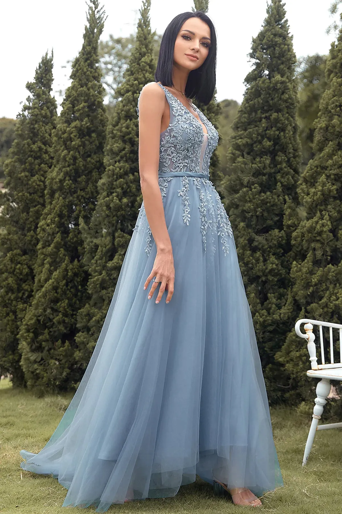 A Line V Neck Blue Lace Tulle Long Prom Dresses, Blue Lace Formal Dresses, Blue Evening Dresses SP2438