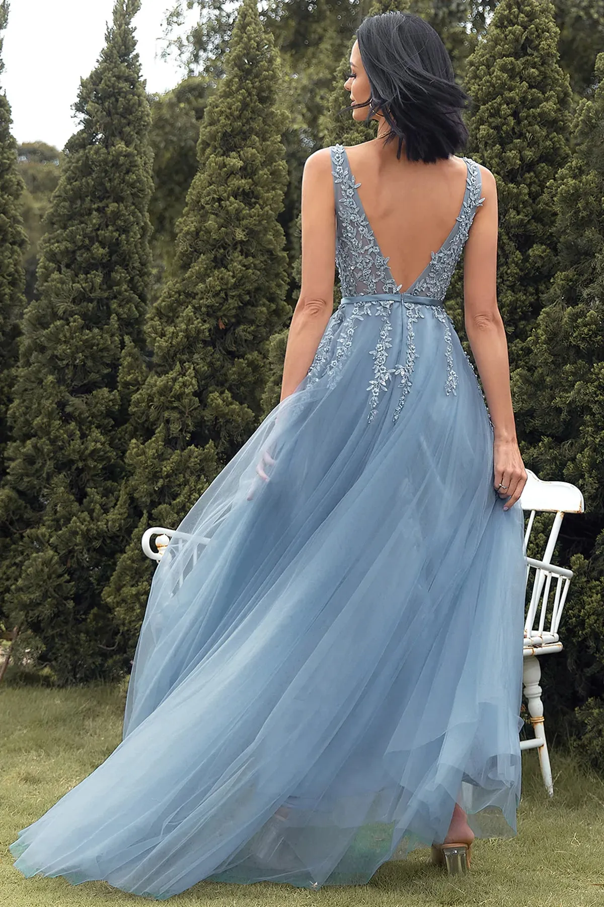 A Line V Neck Blue Lace Tulle Long Prom Dresses, Blue Lace Formal Dresses, Blue Evening Dresses SP2438