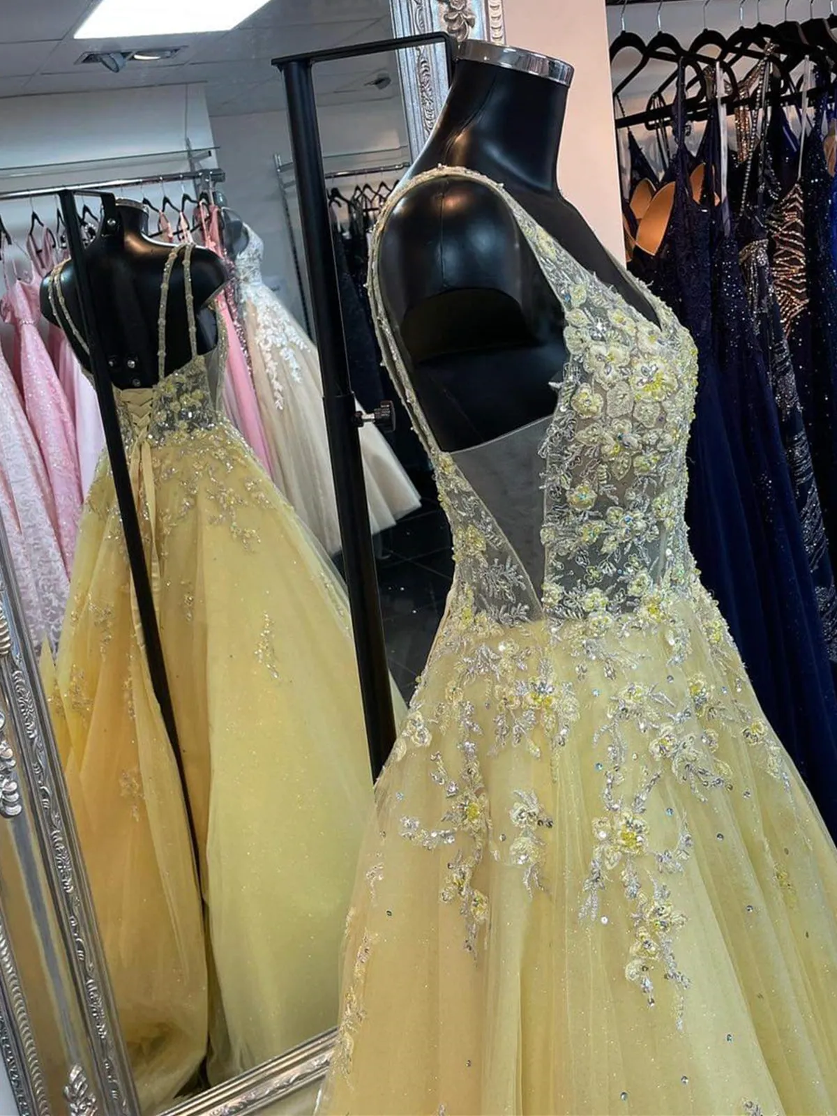 A-line V Neck Open Back Lace Floral Long Prom Dresses Yellow Tulle Formal Gowns