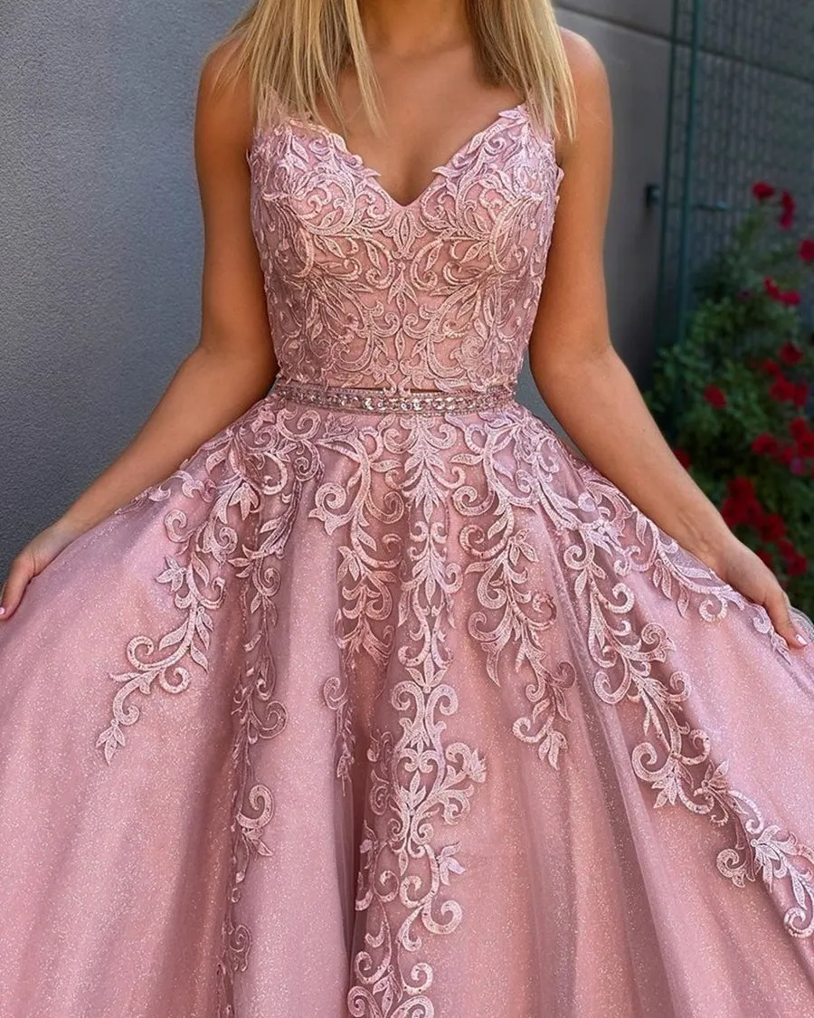 A Line V Neck Tulle Lace Appliques Long Formal Prom Dresses with Belt