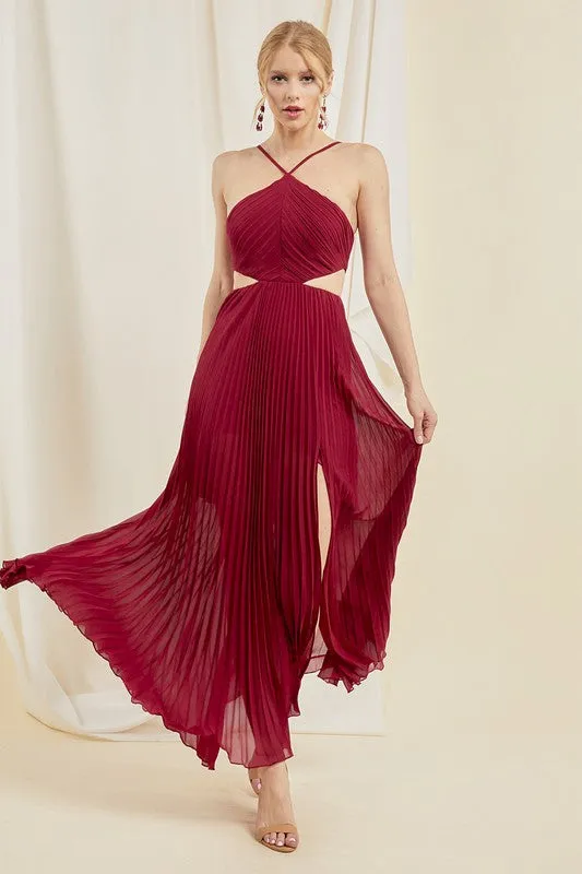 Beachside Halter Cut Out A-line Pleated Dress (Wine)