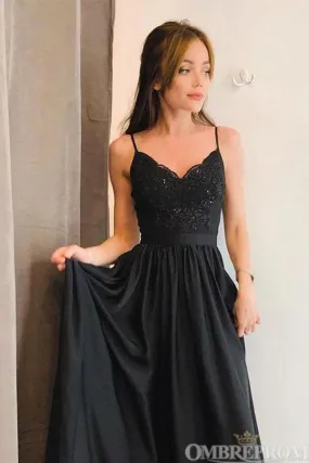 Black Prom Dresses V Neck Spaghetti Straps Lace Evening Dresses