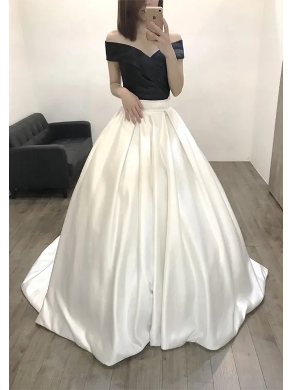 Black White Off the Shoulder A-line Floor Length Prom Dress Evening Dress, OL724