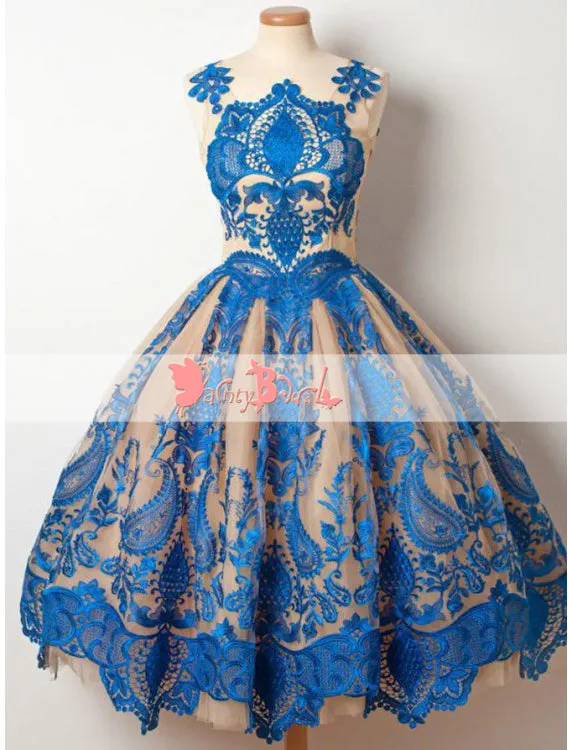 Blue Lace Appliques Keyhole Back Princess Homecoming Dresses,BD0153