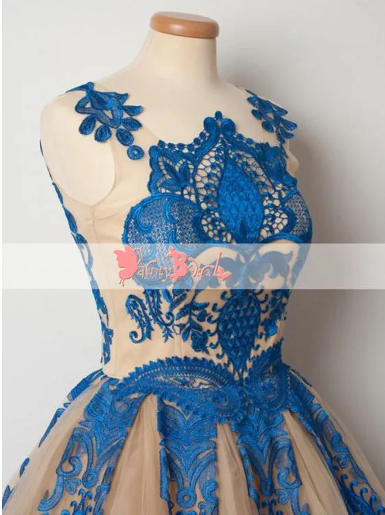 Blue Lace Appliques Keyhole Back Princess Homecoming Dresses,BD0153