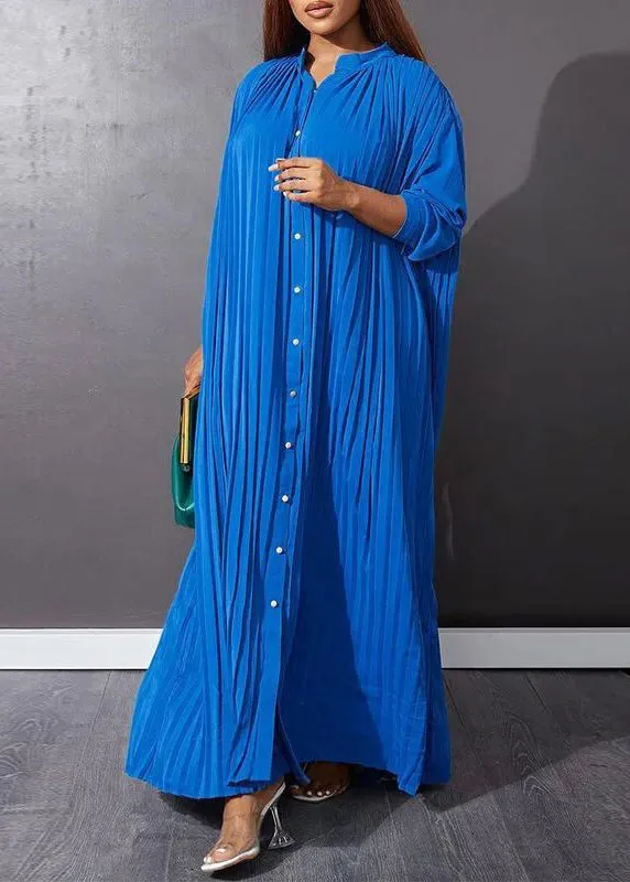 Blue O-Neck Button Vacation Maxi Dresses Long Sleeve VB1037