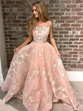 Blush Pink Lace A-line Prom Dresses,DB1079