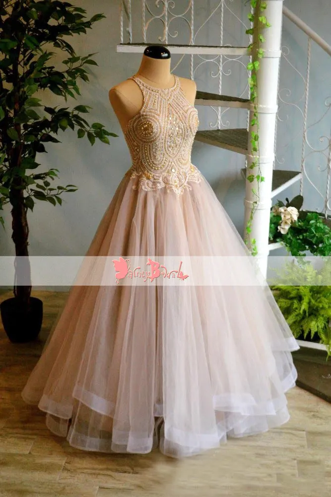 Blush Pink Shinning Gold Beaded Appliques Lace Up Back Ball Gown  Prom Dresses. DB1067