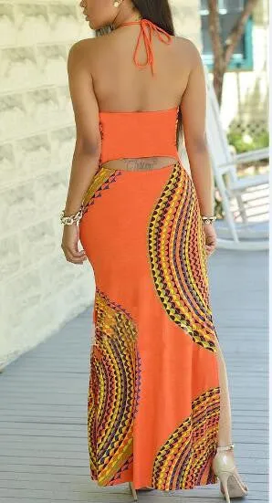 Bohemian Print Slit Halter Maxi Dress