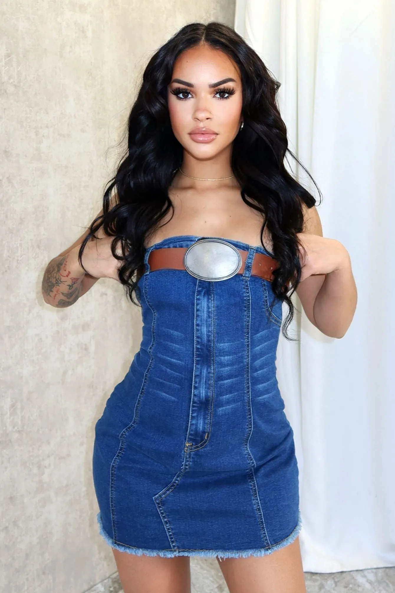 Bottoms Up Belted Denim Tube Dress