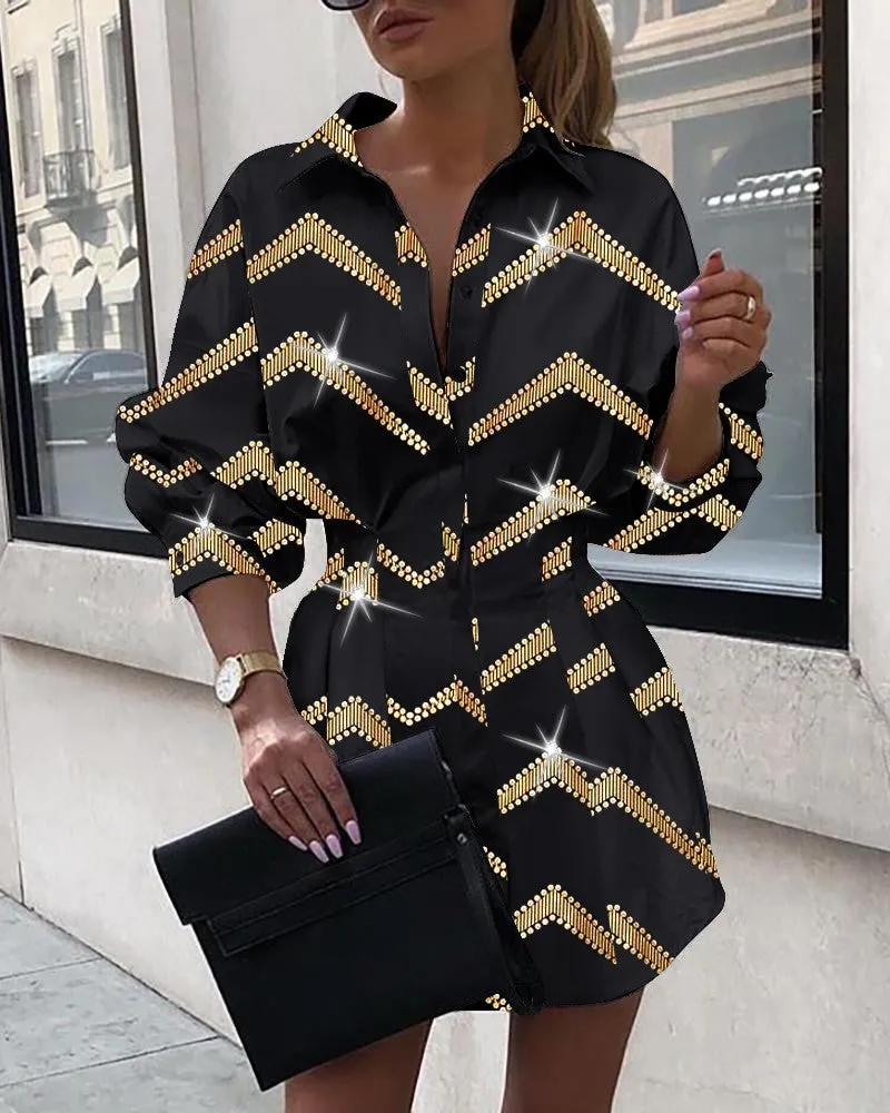 Bronzing Chevron Print Shirt Dress