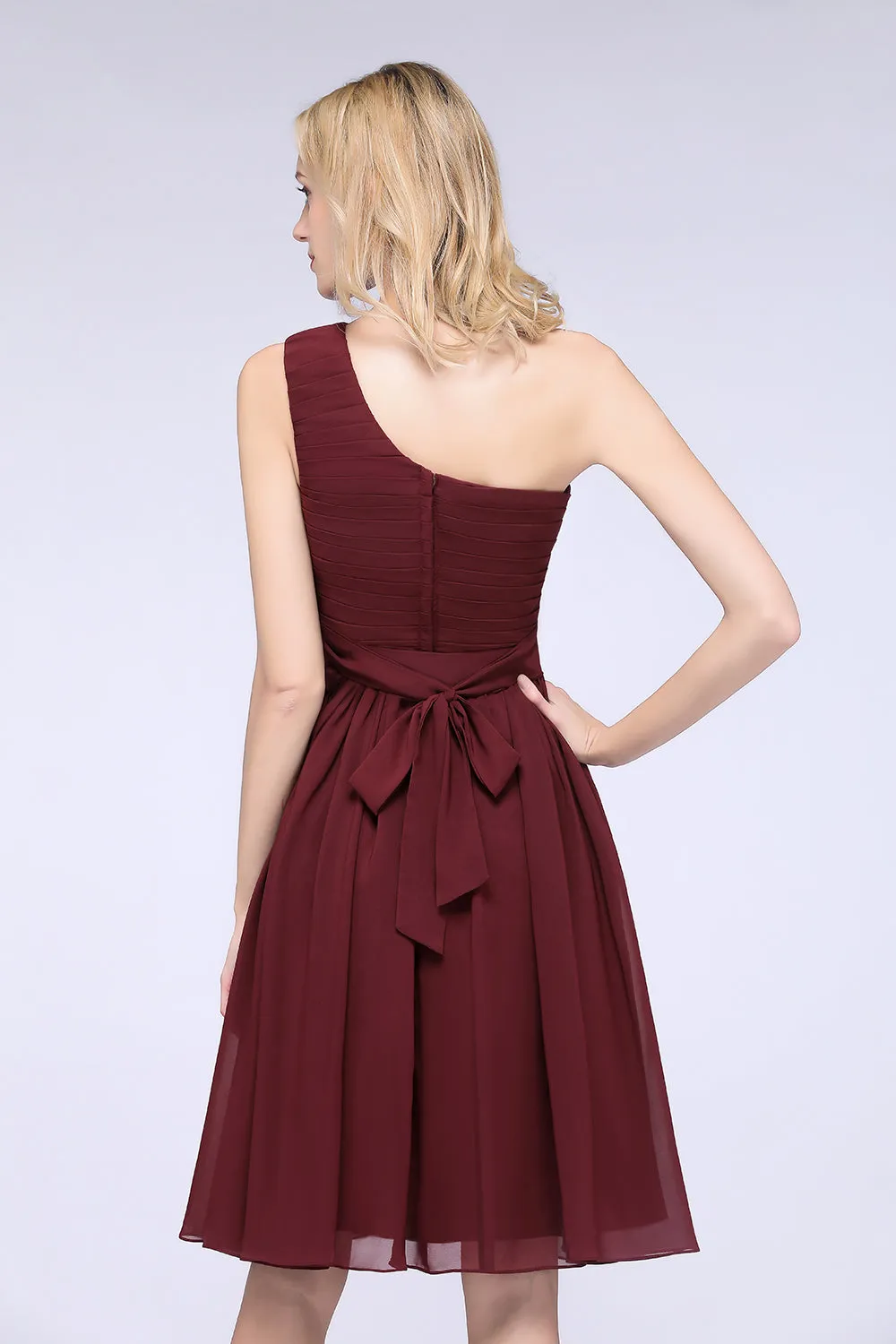 Burgundy A-Line Chiffon One Shoulder Short Bridesmaid Dress with Ruffles