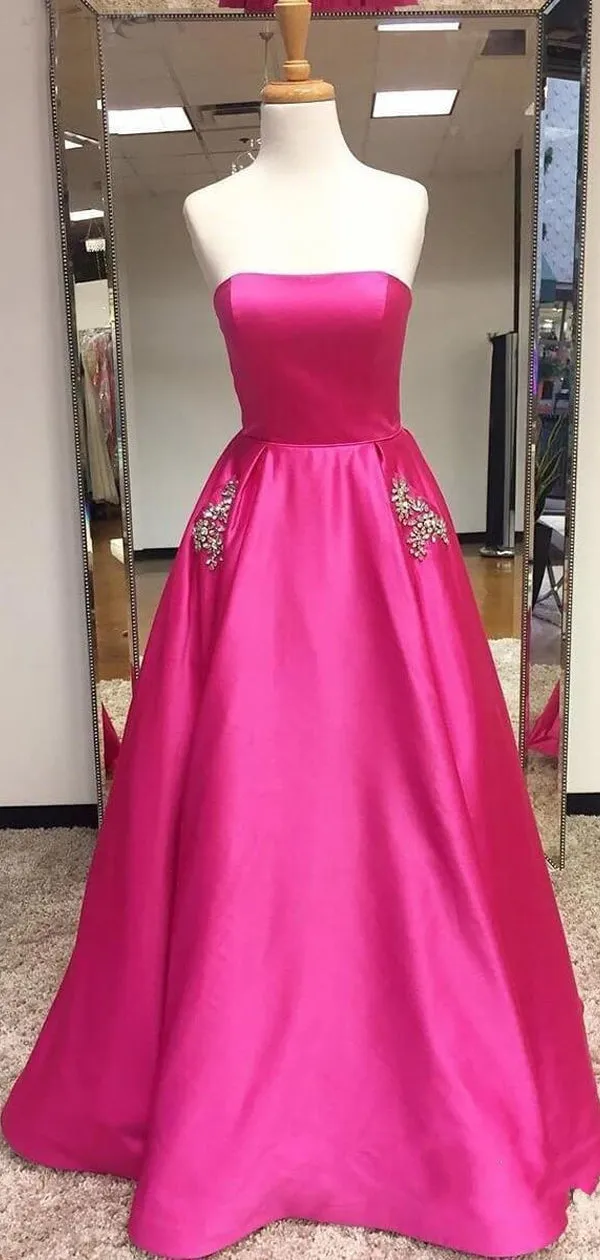 Cerise Pink Satin Beaded Pockets Strapless Ball Gown Sweet-16 Prom Dresses, DB1126