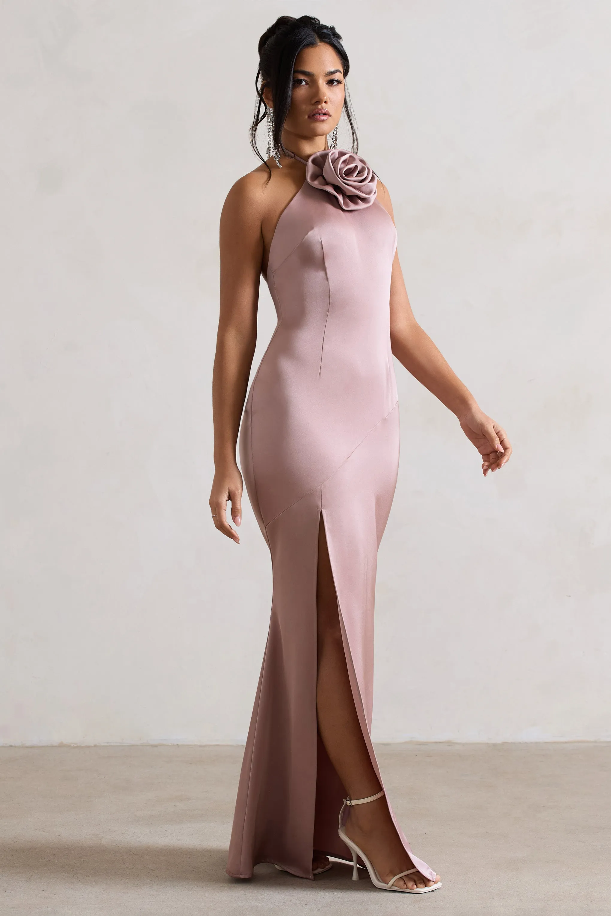 Cesca | Blush Pink Satin Halter-Neck Maxi Dress With Flower Corsage