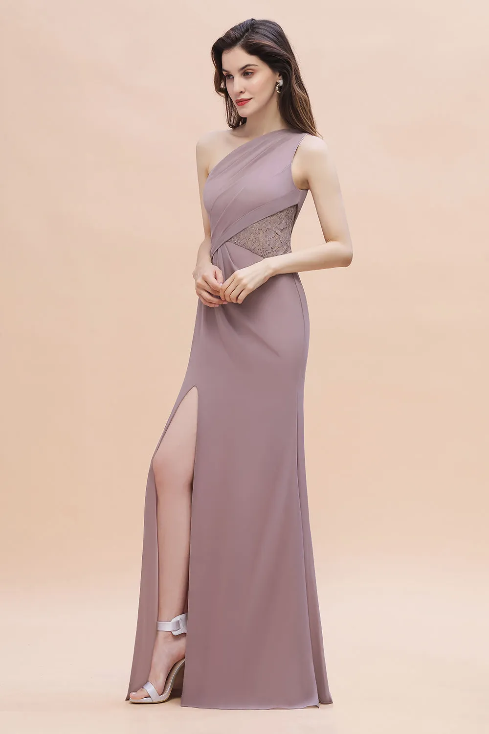 Charming Long Mermaid One Shoulder Chiffon Bridesmaid Dresses With Slit