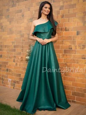 Charming One-shoulder A-line Satin Long Prom Dresses Evening Dresses.DB10437