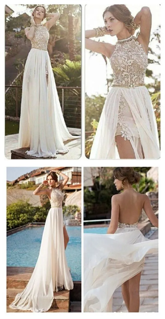 Charming Popular Backless Sexy Side Split Lace Beading Chiffon Wedding Party Prom Dresses, PD0018