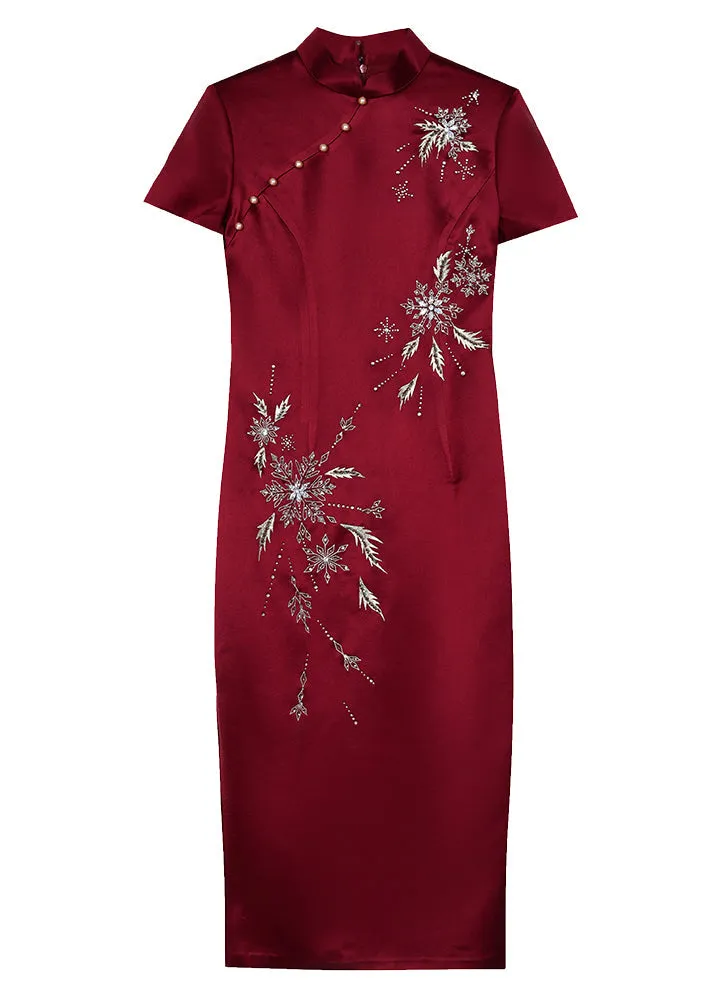 Chinese Style Wine Red Stand Collar Zircon Side Open Silk Dresses Summer BB018